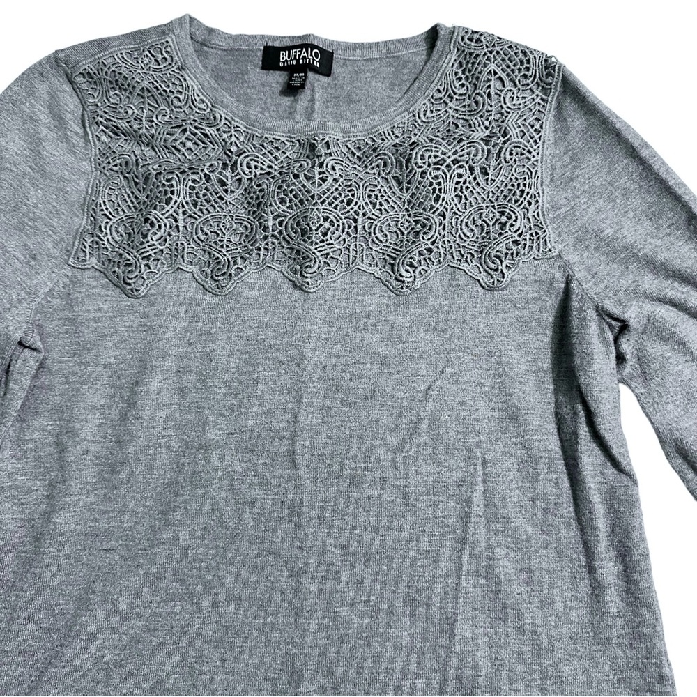 BUFFALO David Bitton Crew Neck Lace Yoke Lightweight Long Sleeve Sweater…